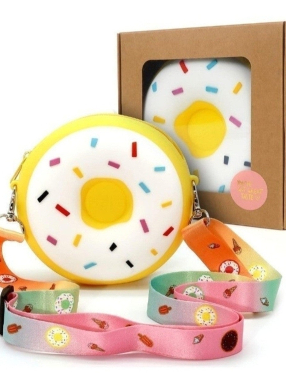 Yellow Donut Crossbody Bag for Kids with Rainbow Sprinkles Strap